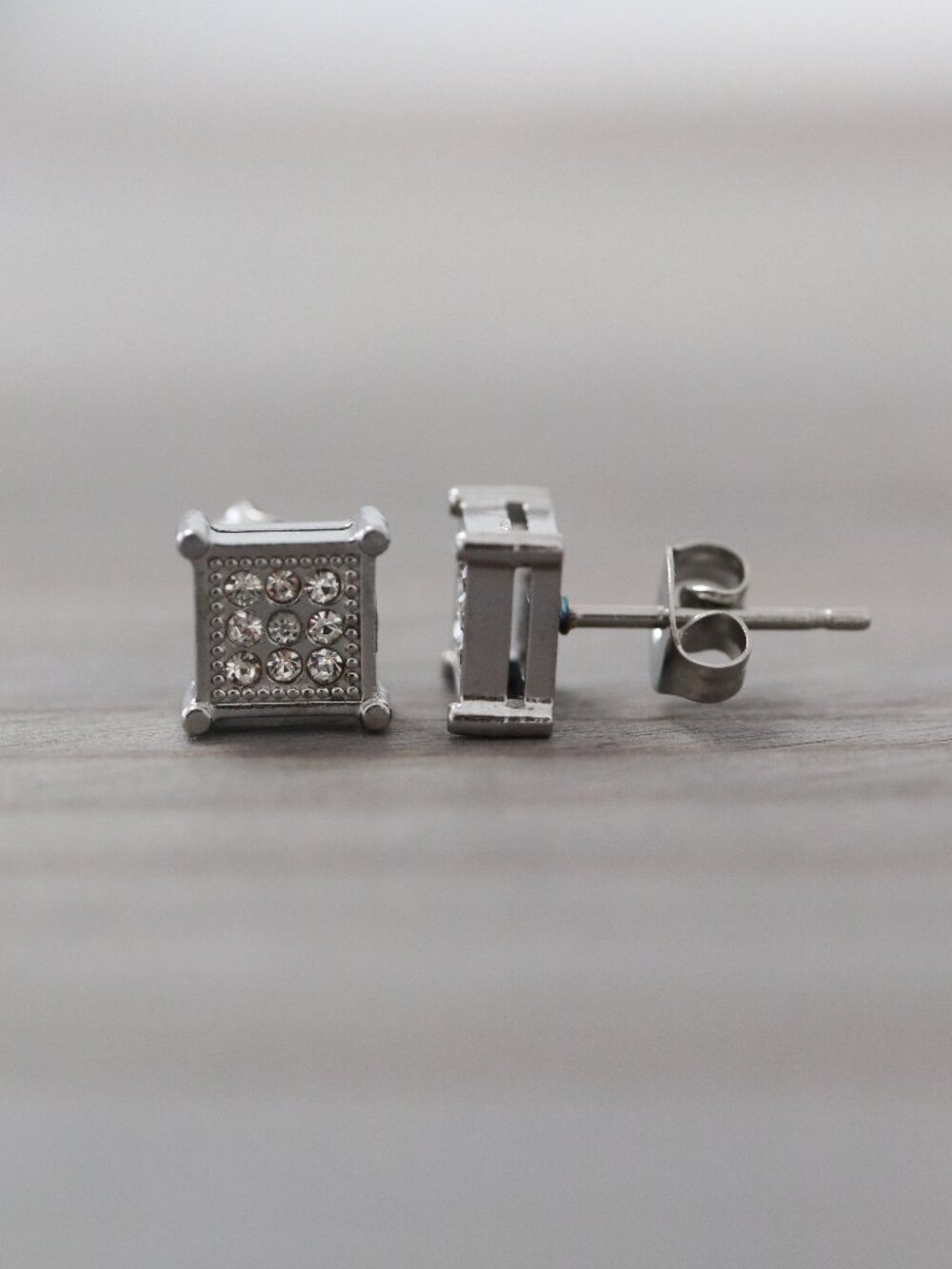 7mm Square CZ Micro Pave Style 4-Prong Stud Earrings Silver Stainless Steel